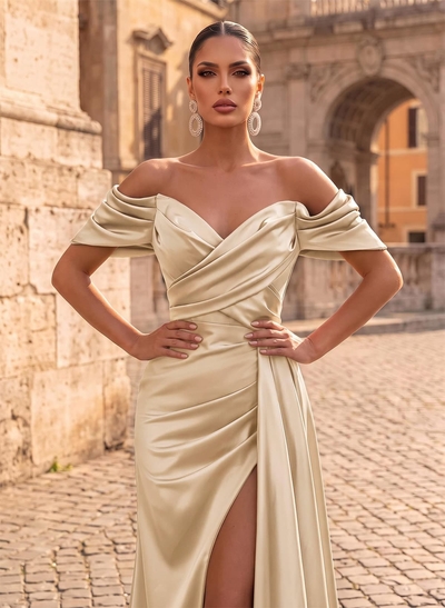 Off-The-Shoulder Sleeveless Sweep Train Prom Dresses With Split Front