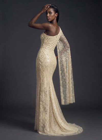 Sheath/Column One-Shoulder Sleeveless Sequined Prom Dresses With Split Front