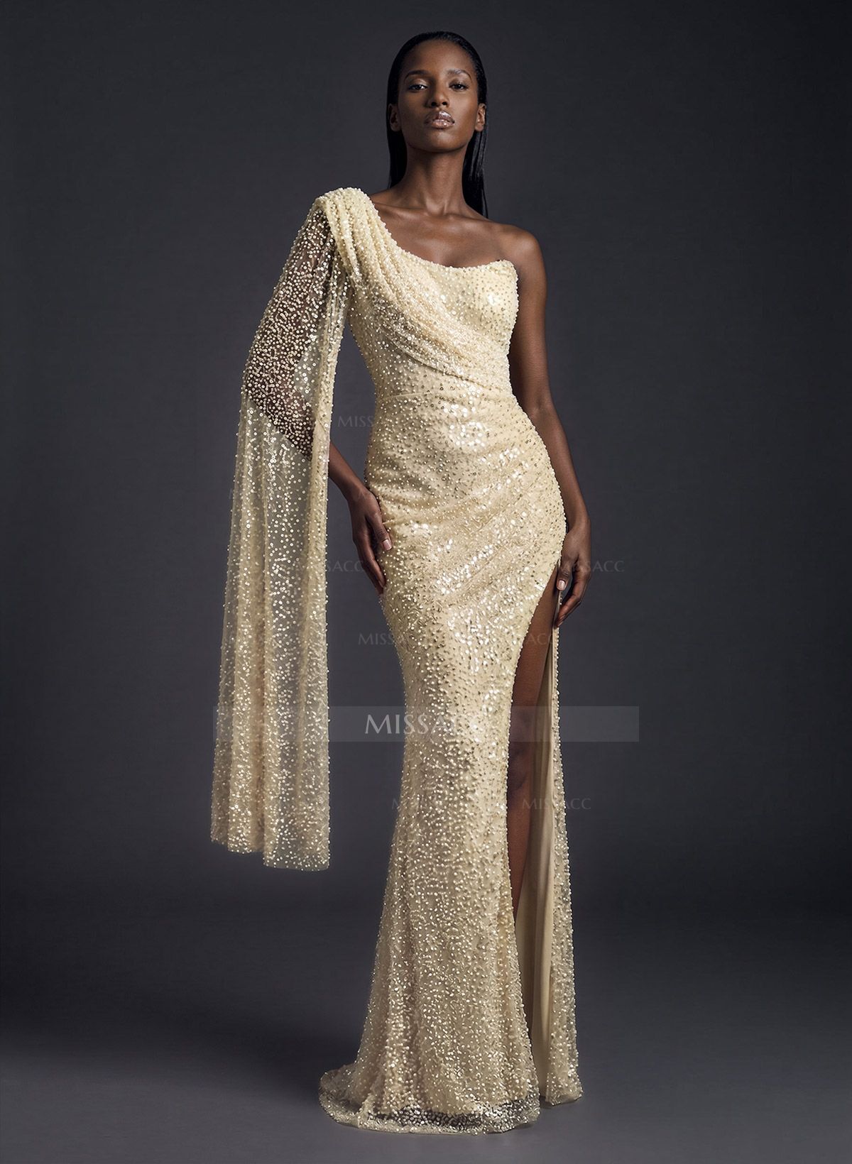 Sheath/Column One-Shoulder Sleeveless Sequined Prom Dresses With Split Front