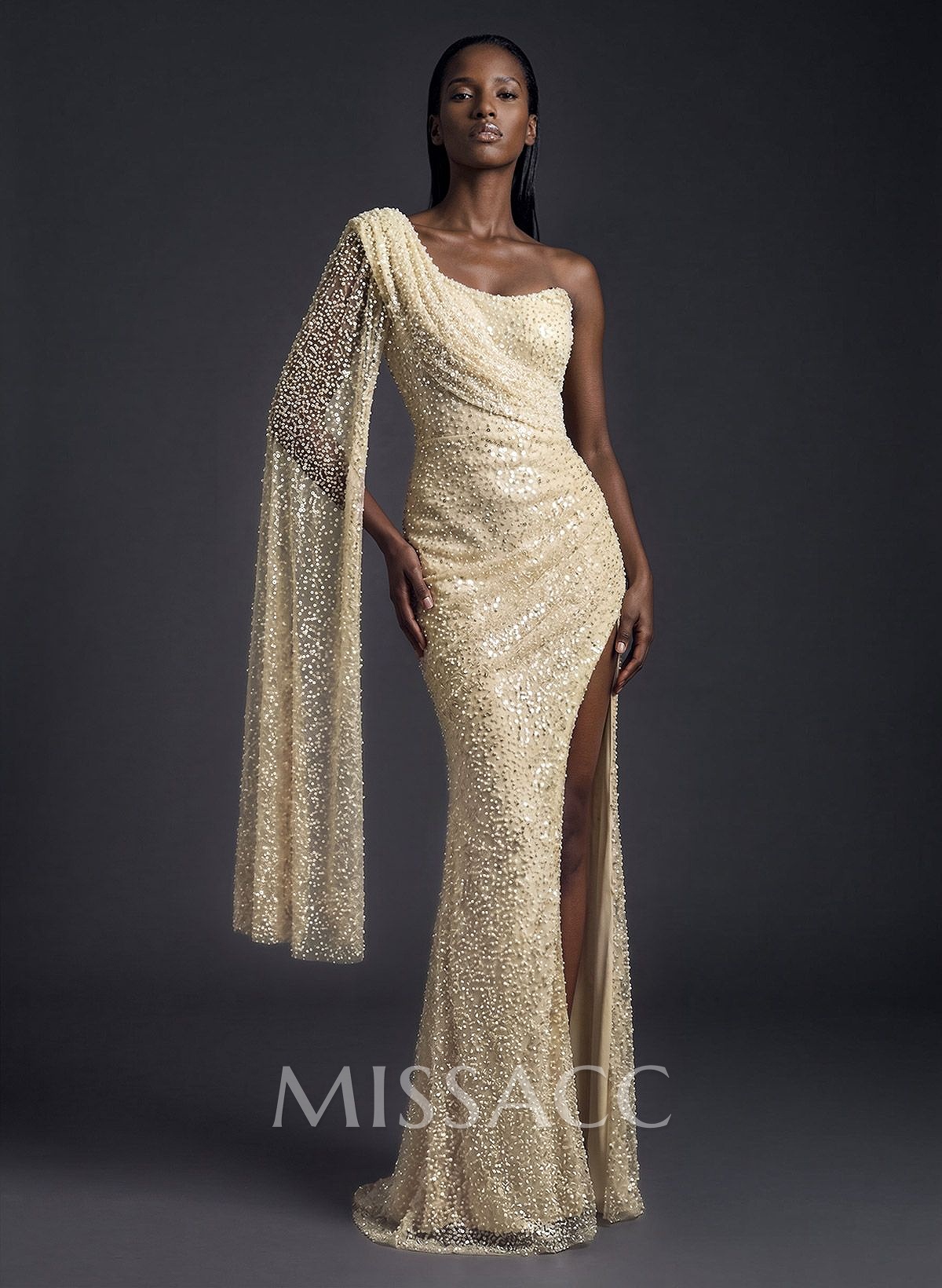 Sheath/Column One-Shoulder Sleeveless Sequined Prom Dresses With Split Front