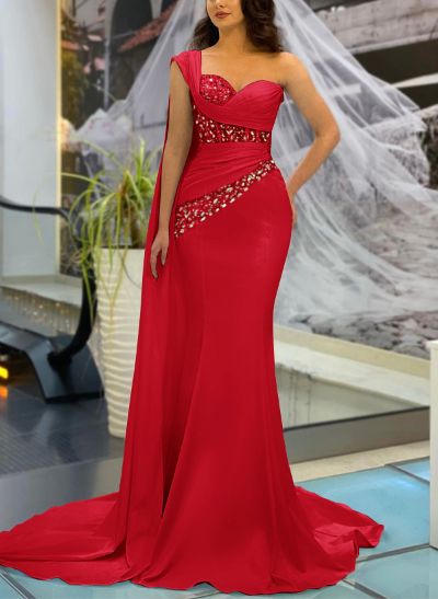 Sheath/Column One-Shoulder Sleeveless Silk Like Satin Prom Dresses With Sequins