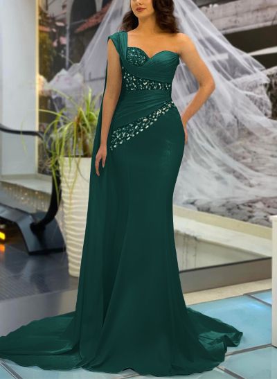 Sheath/Column One-Shoulder Sleeveless Silk Like Satin Prom Dresses With Sequins