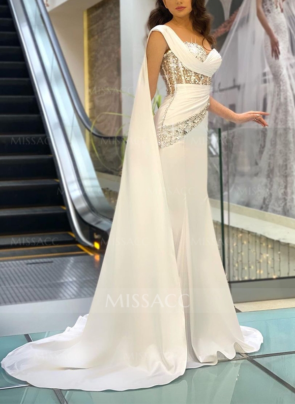 Sheath/Column One-Shoulder Sleeveless Silk Like Satin Prom Dresses With Sequins