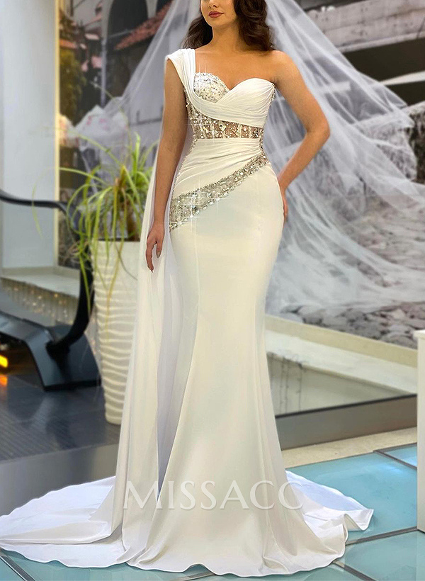 Sheath/Column One-Shoulder Sleeveless Silk Like Satin Prom Dresses With Sequins Sheath/Column One-Shoulder Sleeveless Silk Like Satin Prom Dresses With Sequins