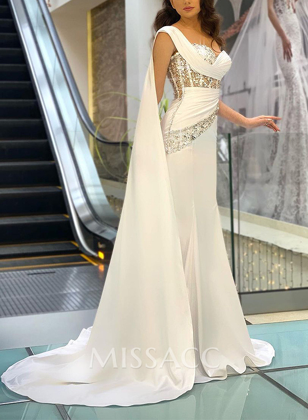 Sheath/Column One-Shoulder Sleeveless Silk Like Satin Prom Dresses With Sequins Sheath/Column One-Shoulder Sleeveless Silk Like Satin Prom Dresses With Sequins