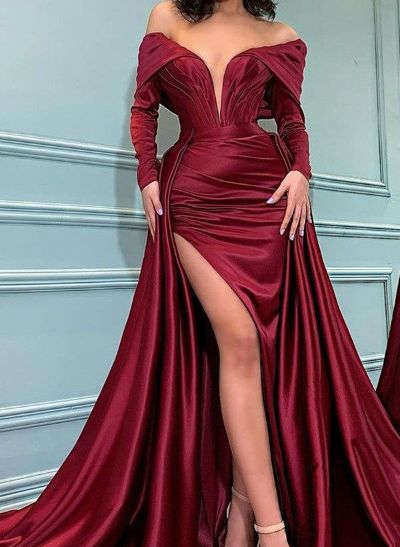 Sheath/Column Off-The-Shoulder Long Sleeves Satin Prom Dresses With Split Front