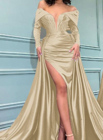 Sheath/Column Off-The-Shoulder Long Sleeves Satin Prom Dresses With Split Front