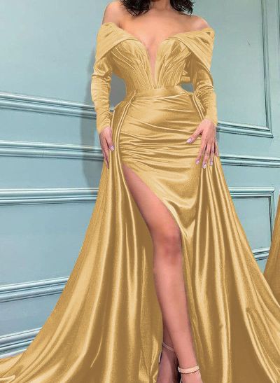 Sheath/Column Off-The-Shoulder Long Sleeves Satin Prom Dresses With Split Front