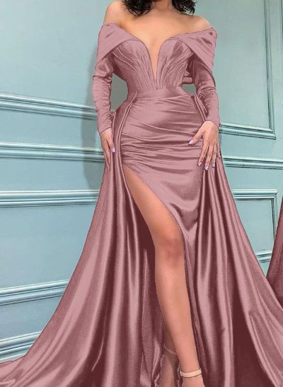 Sheath/Column Off-The-Shoulder Long Sleeves Satin Prom Dresses With Split Front