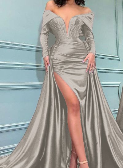 Sheath/Column Off-The-Shoulder Long Sleeves Satin Prom Dresses With Split Front