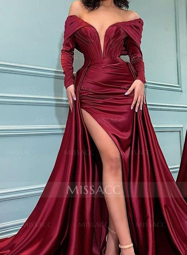 Sheath/Column Off-The-Shoulder Long Sleeves Satin Prom Dresses With Split Front