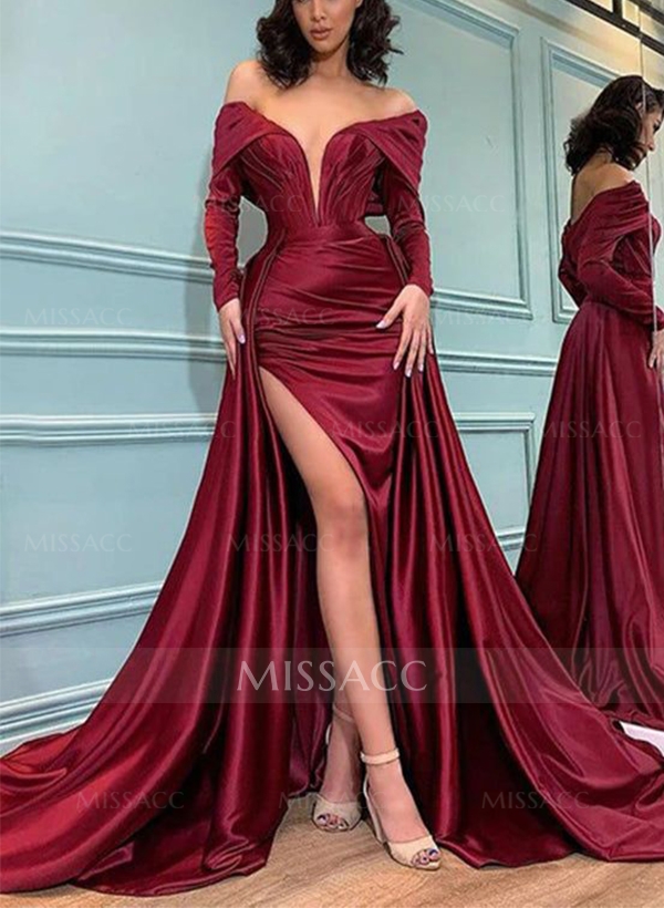 Sheath/Column Off-The-Shoulder Long Sleeves Satin Prom Dresses With Split Front