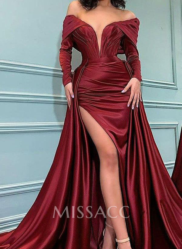 Sheath/Column Off-The-Shoulder Long Sleeves Satin Prom Dresses With Split Front Sheath/Column Off-The-Shoulder Long Sleeves Satin Prom Dresses With Split Front