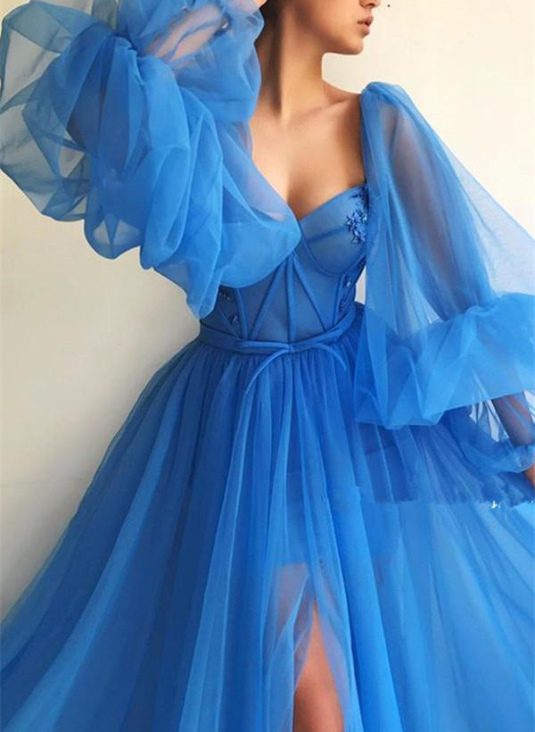 A-Line Sweetheart Long Sleeves Sweep Train Prom Dresses With Split Front