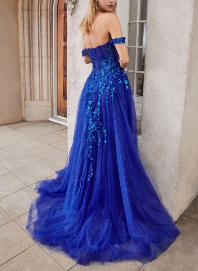 A-Line Off-The-Shoulder Sleeveless Sweep Train Prom Dresses With Split Front