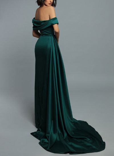 Off-The-Shoulder Sleeveless Sweep Train Satin Prom Dresses With Split Front