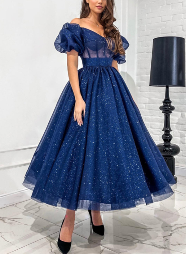 A-Line Short Sleeves Ankle-Length Prom Dresses