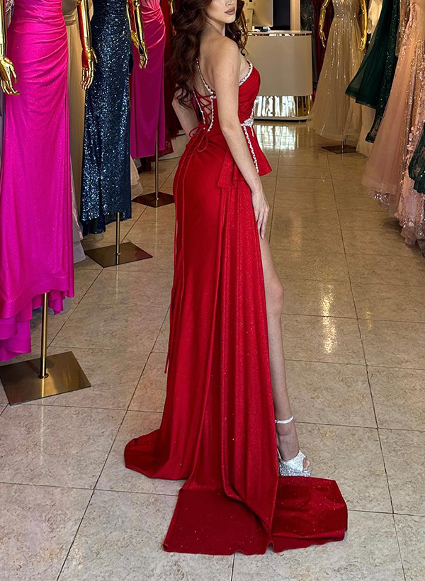 Sheath/Column One-Shoulder Sleeveless Prom Dresses With Rhinestone