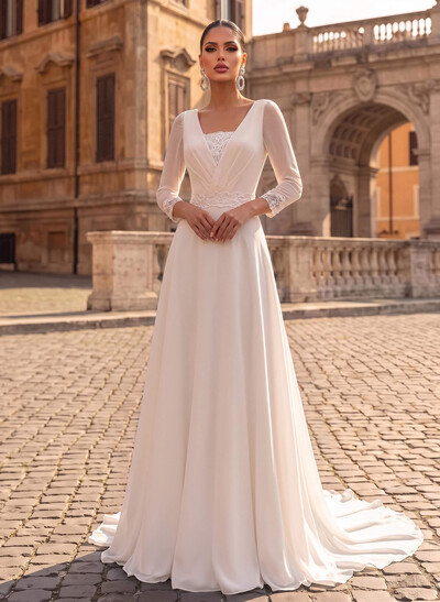 Boho Lace Square Neckline A-Line Wedding Dresses
