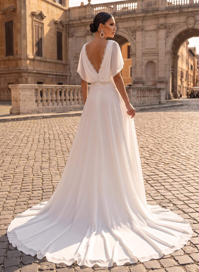 Boho Lace Open Back A-Line Wrap Wedding Dresses