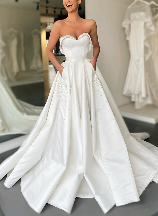 A-Line Sweetheart Satin Wedding Dresses With Pockets/Beading