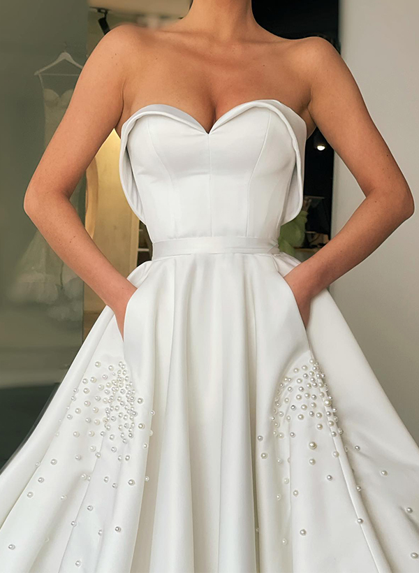 A-Line Sweetheart Satin Wedding Dresses With Pockets/Beading