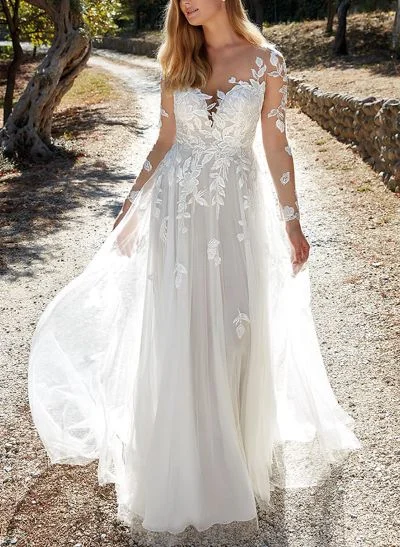 A-Line Illusion Neck Long Sleeves Sweep Train Lace Wedding Dresses