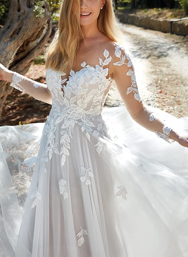 melissa sweet illusion plunge long sleeve lace wedding dress Melissa Sweet, Plunge Neckline Billow Sleeve Wedding Dress New Wedding Dress Save 50%