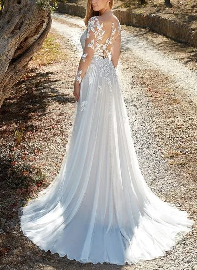 A-Line Illusion Neck Long Sleeves Sweep Train Lace Wedding Dresses