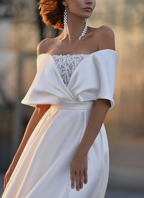A-Line Off-The-Shoulder Sleeveless Sweep Train Lace/Satin Wedding Dresses