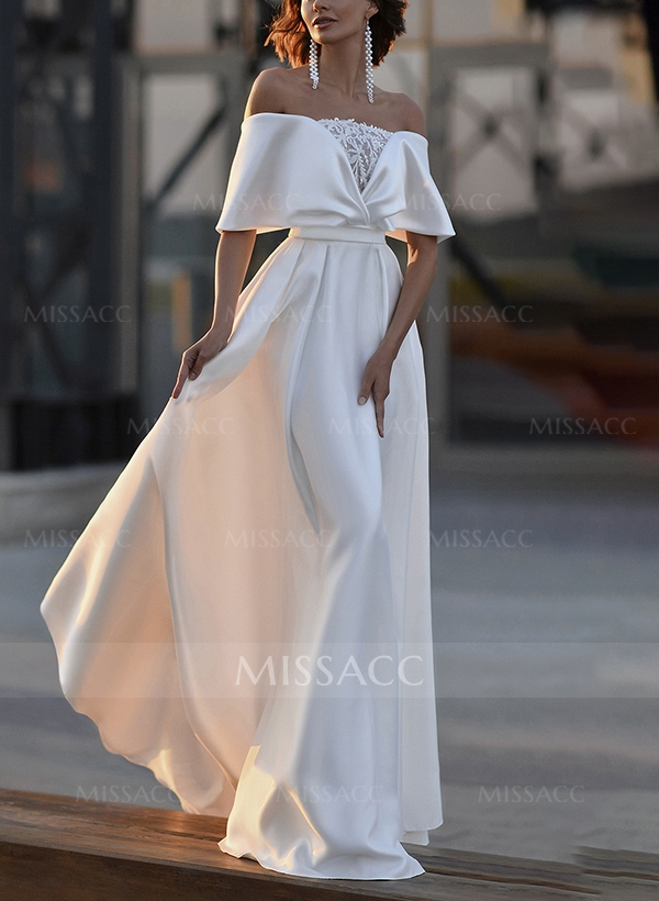 A-Line Off-The-Shoulder Sleeveless Sweep Train Lace/Satin Wedding Dresses