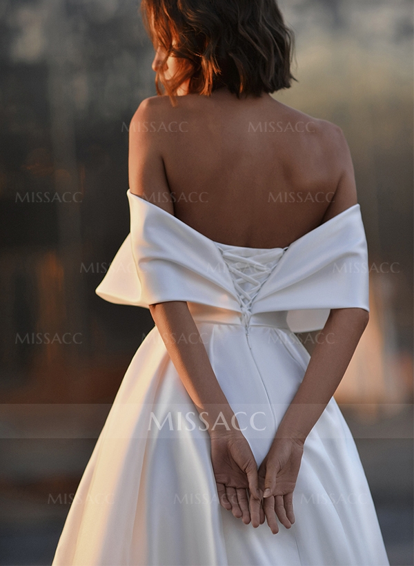 A-Line Off-The-Shoulder Sleeveless Sweep Train Lace/Satin Wedding Dresses