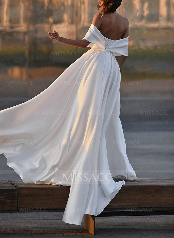 A-Line Off-The-Shoulder Sleeveless Sweep Train Lace/Satin Wedding Dresses