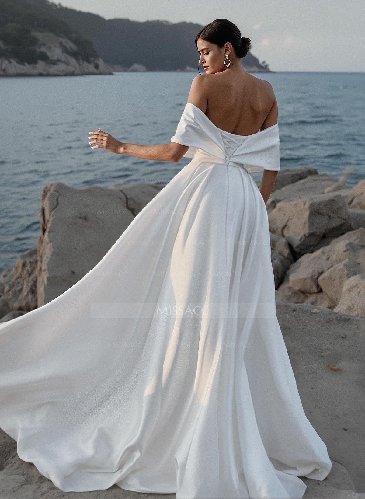 A-Line Off-The-Shoulder Sleeveless Sweep Train Lace/Satin Wedding Dresses