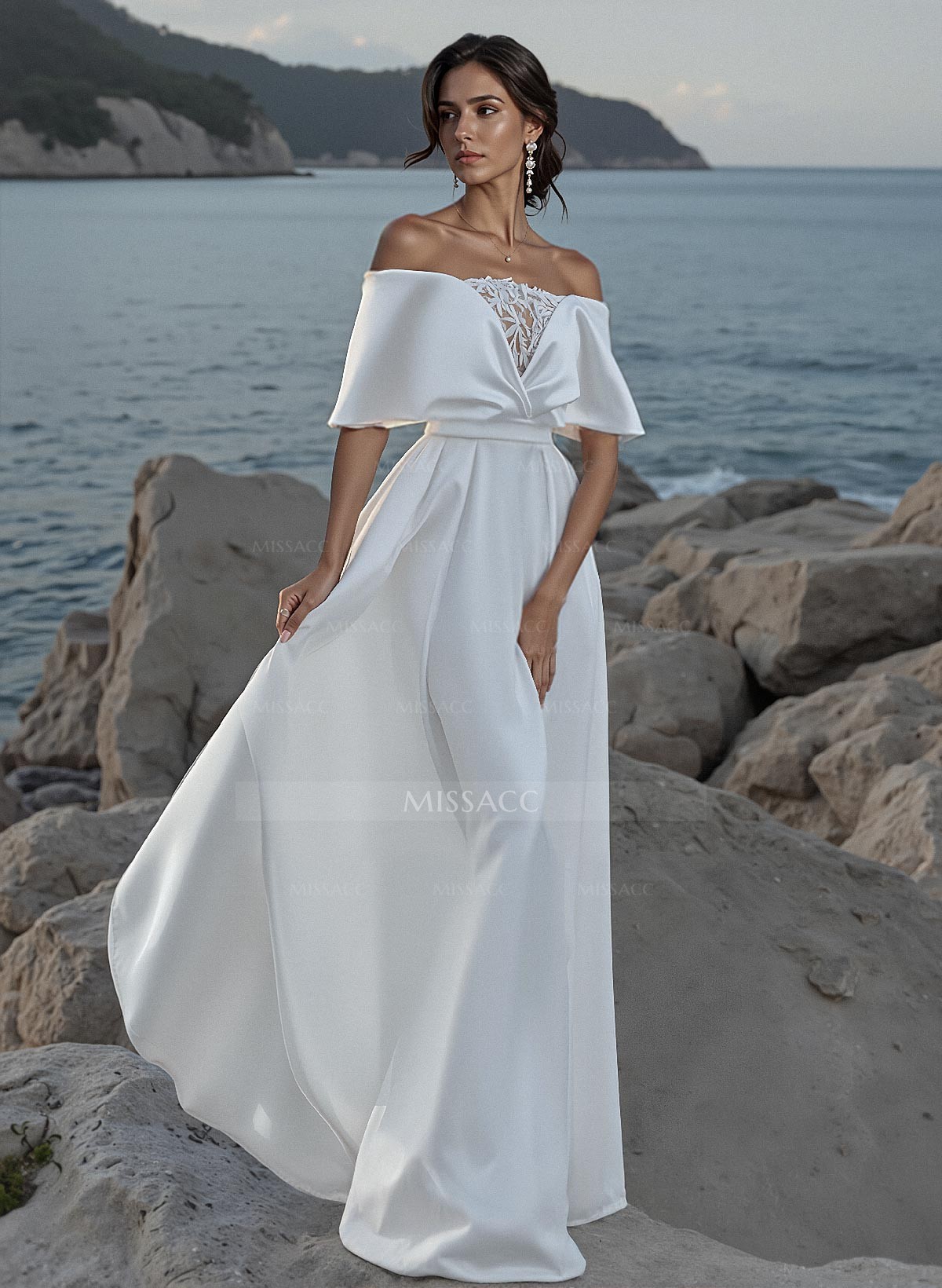 A-Line Off-The-Shoulder Sleeveless Sweep Train Lace/Satin Wedding Dresses