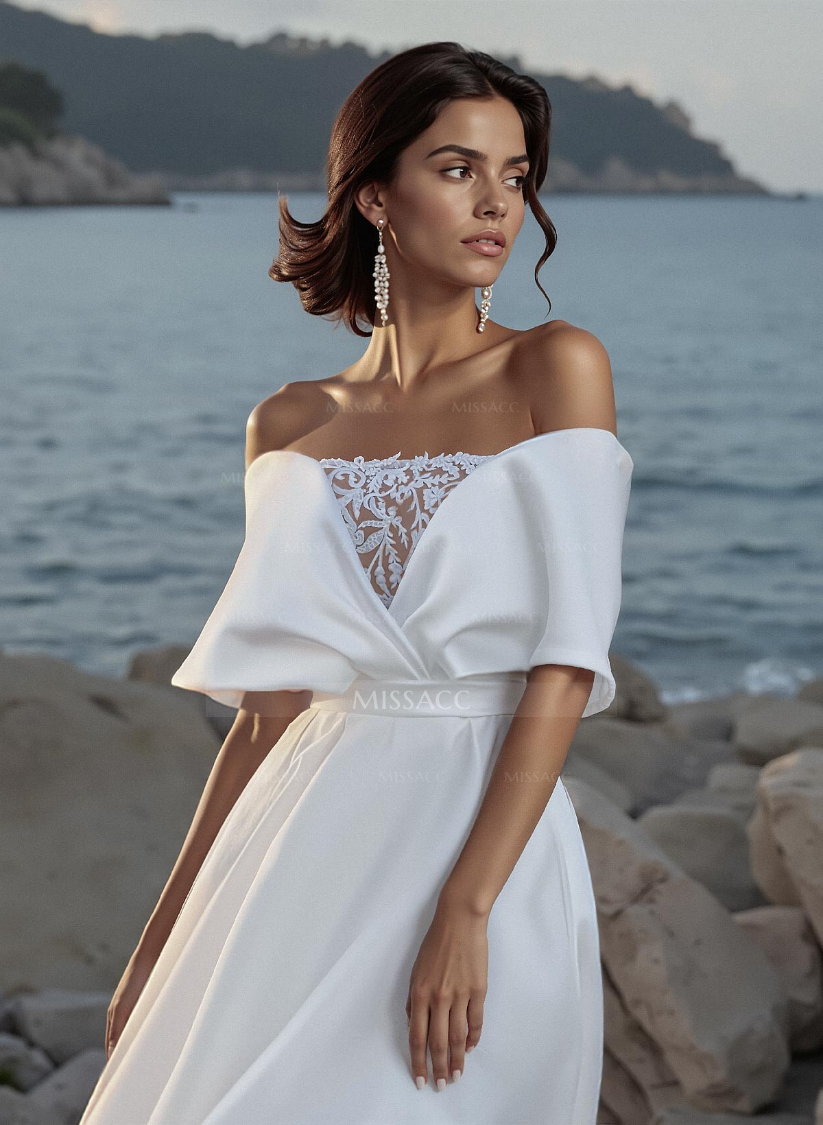 A-Line Off-The-Shoulder Sleeveless Sweep Train Lace/Satin Wedding Dresses