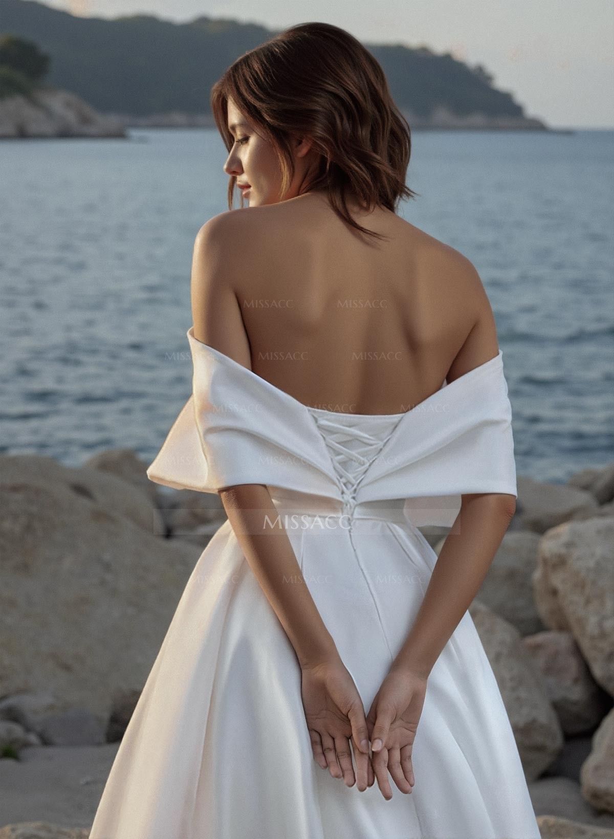 A-Line Off-The-Shoulder Sleeveless Sweep Train Lace/Satin Wedding Dresses