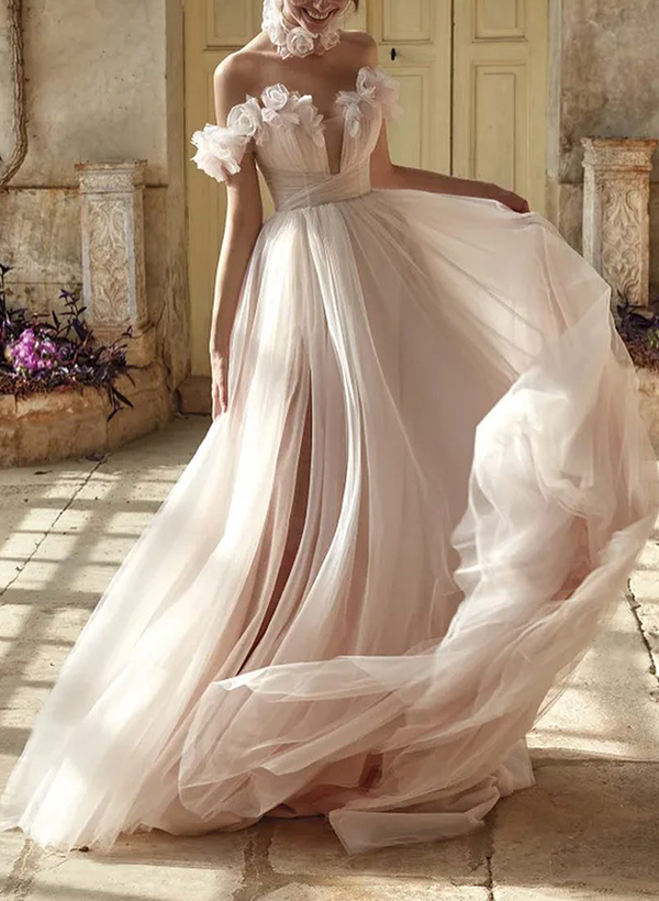 Romantic Off-The-Shoulder Tulle Flowers Wedding Dresses