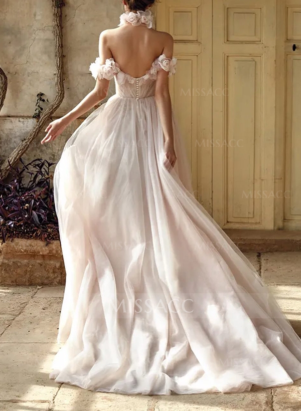 Romantic Off-The-Shoulder Tulle Flowers Wedding Dresses