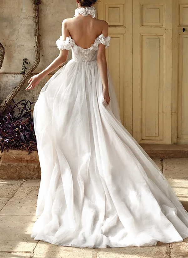 Romantic Off-The-Shoulder Tulle Flowers Wedding Dresses