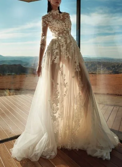 A-Line High Neck 1/2 Sleeves Sweep Train Lace Wedding Dresses