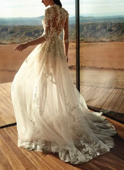 A-Line High Neck 1/2 Sleeves Sweep Train Lace Wedding Dresses