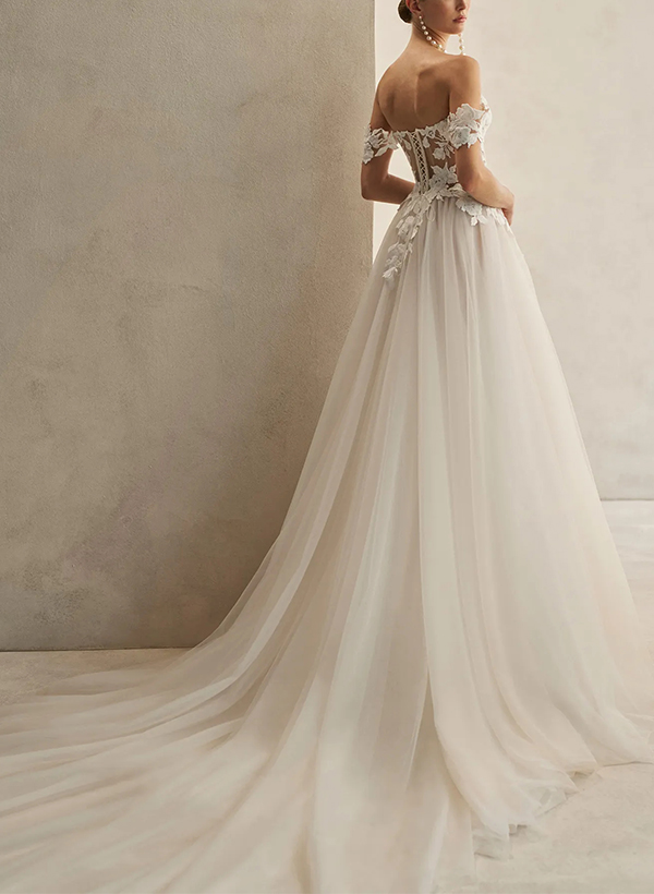 A-Line Off-The-Shoulder Sleeveless Court Train Lace/Tulle Wedding Dresses