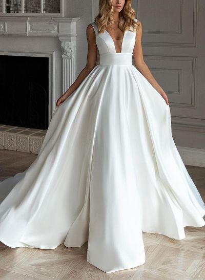 A-Line V-Neck Sleeveless Sweep Train Satin Wedding Dresses With Bow(s)