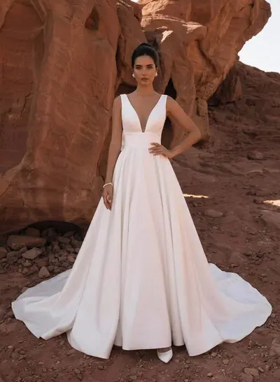 A-Line V-Neck Sleeveless Sweep Train Satin Wedding Dresses With Bow(s)