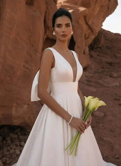 A-Line V-Neck Sleeveless Sweep Train Satin Wedding Dresses With Bow(s)