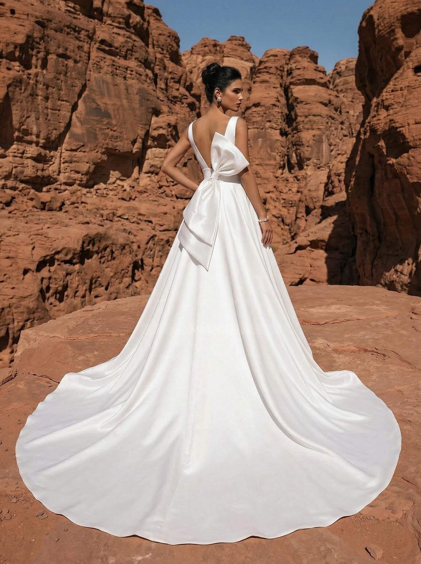 A-Line V-Neck Sleeveless Sweep Train Satin Wedding Dresses With Bow(s)