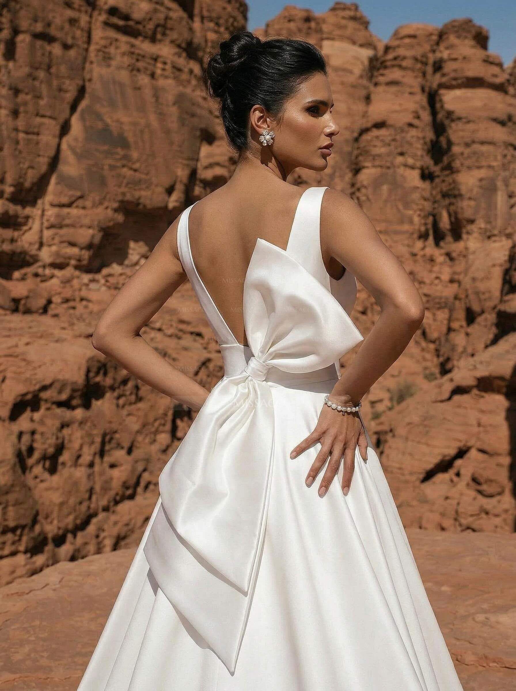 A-Line V-Neck Sleeveless Sweep Train Satin Wedding Dresses With Bow(s)