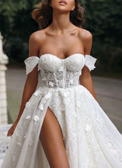 A-Line Off-The-Shoulder Sleeveless Wedding Dresses With Split Front