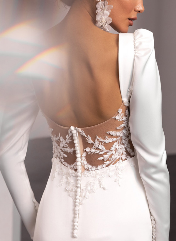 Scoop Neck Long Sleeves Sweep Train Lace/Satin Wedding Dresses